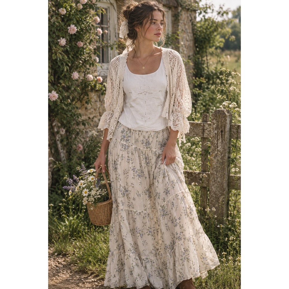 Principe Floral Embroidered Tank Top Womens 12 White Linen Cotton Cottage Boho